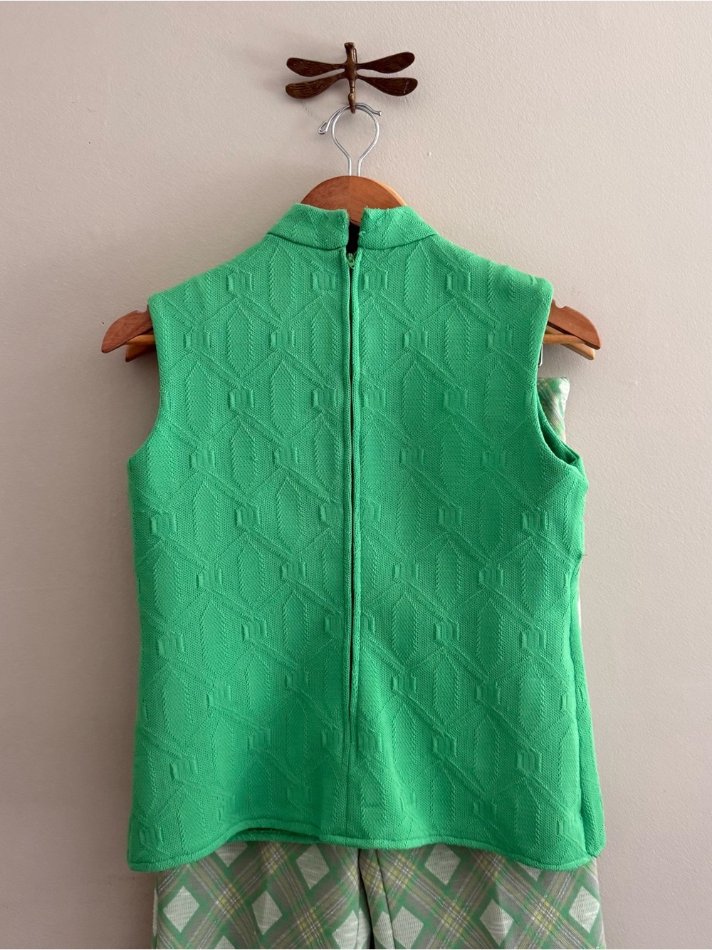 Vintage Retro Green Mockneck Top with Matching Plaid Bell Bottoms - Picture 4 of 8